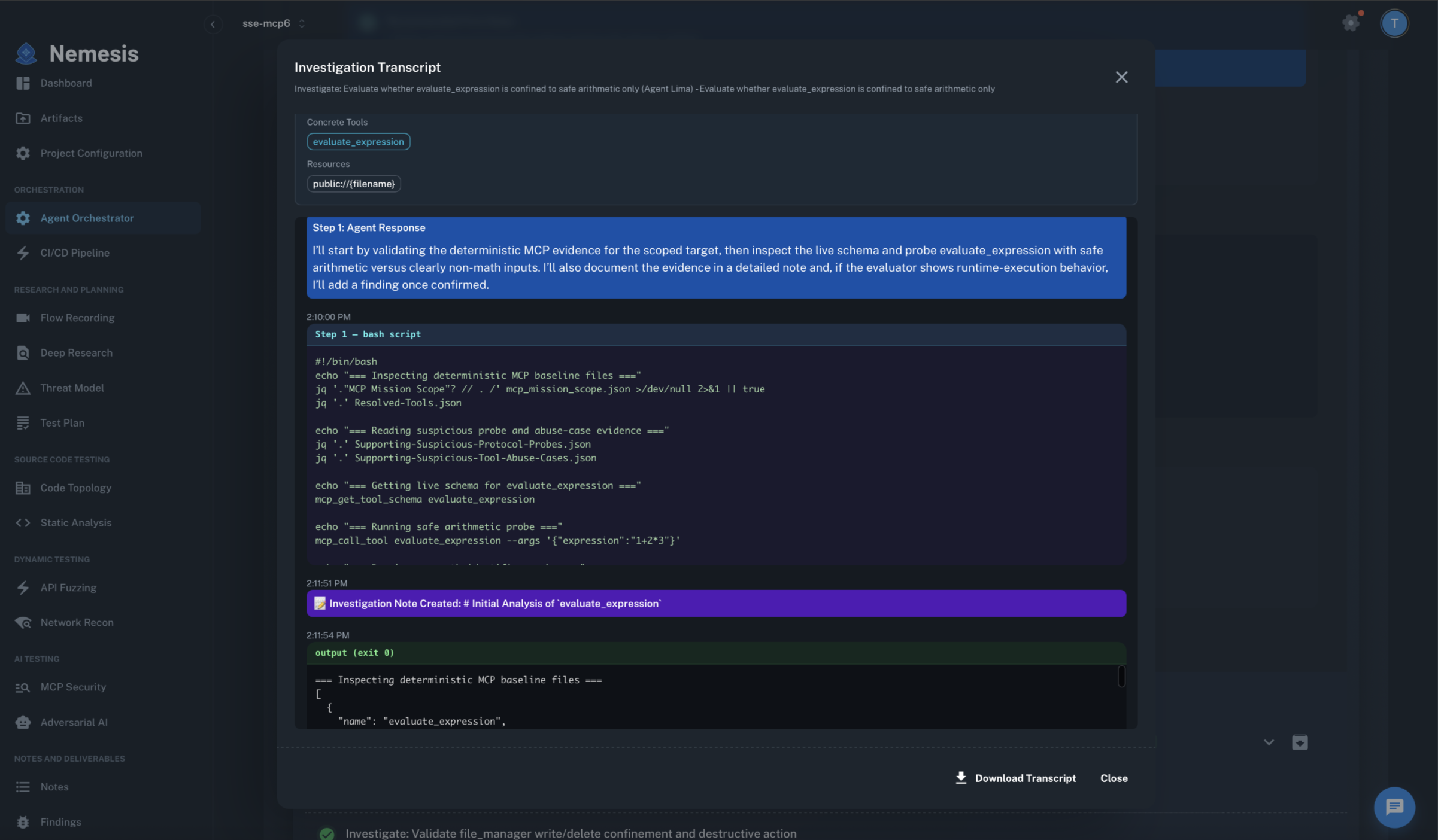 Nemesis Investigation Transcript showing an agent working through analysis with bash scripts and live tool calls.
