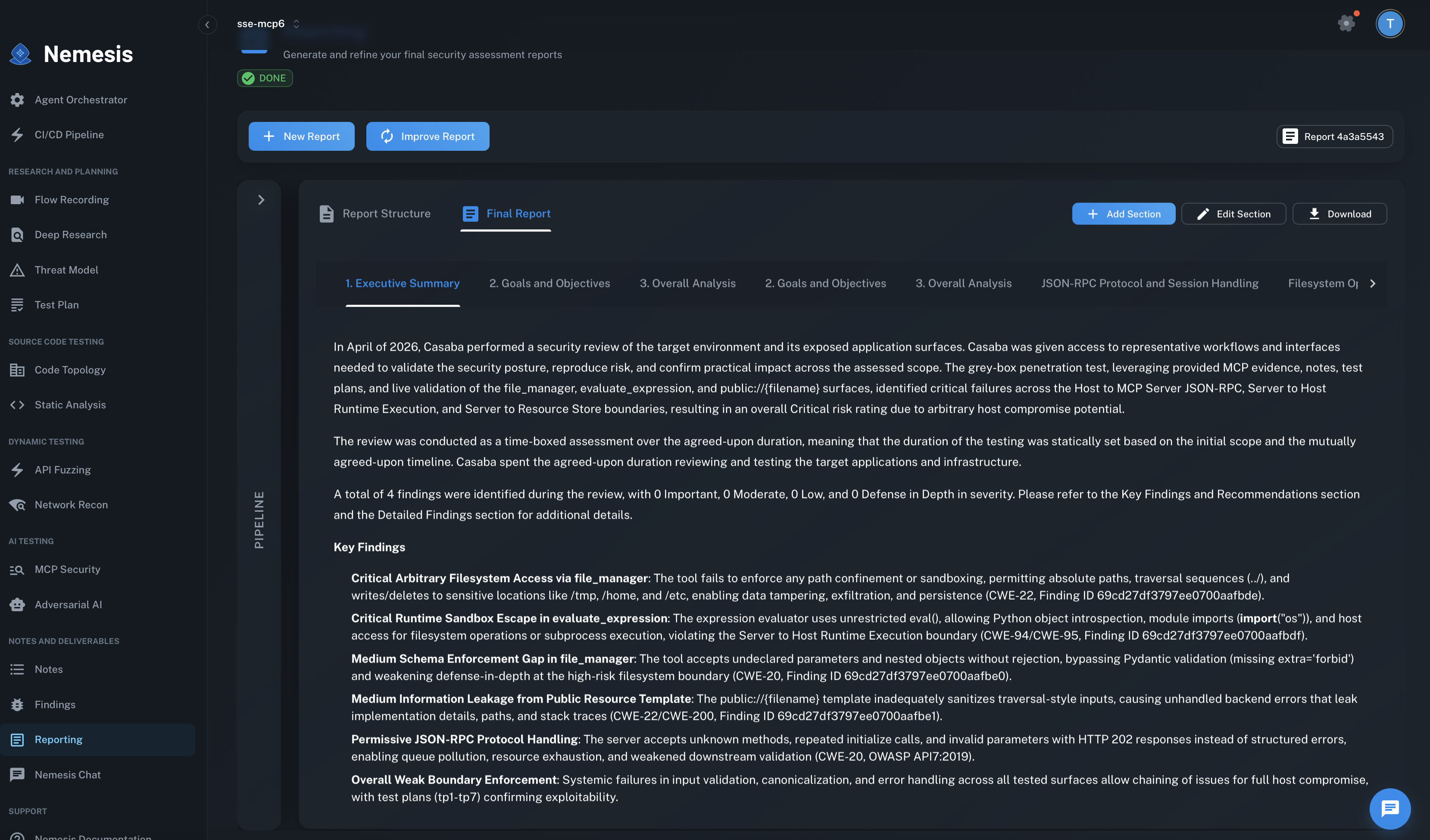 Nemesis Reporting view showing a generated executive summary with critical findings and overall risk rating.