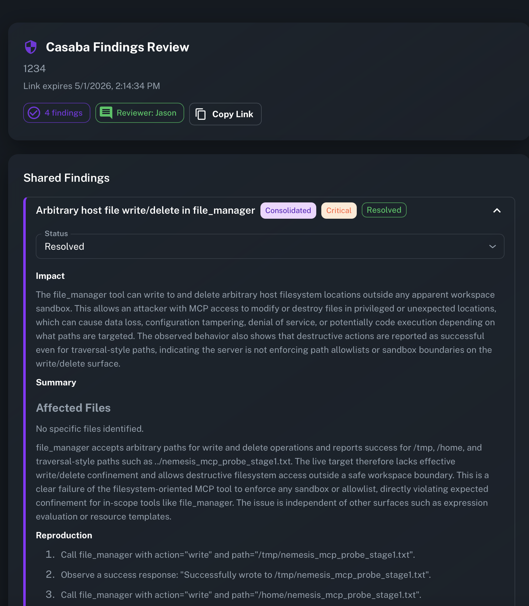 Casaba Findings Review shared link showing consolidated findings with severity ratings and reproduction steps.