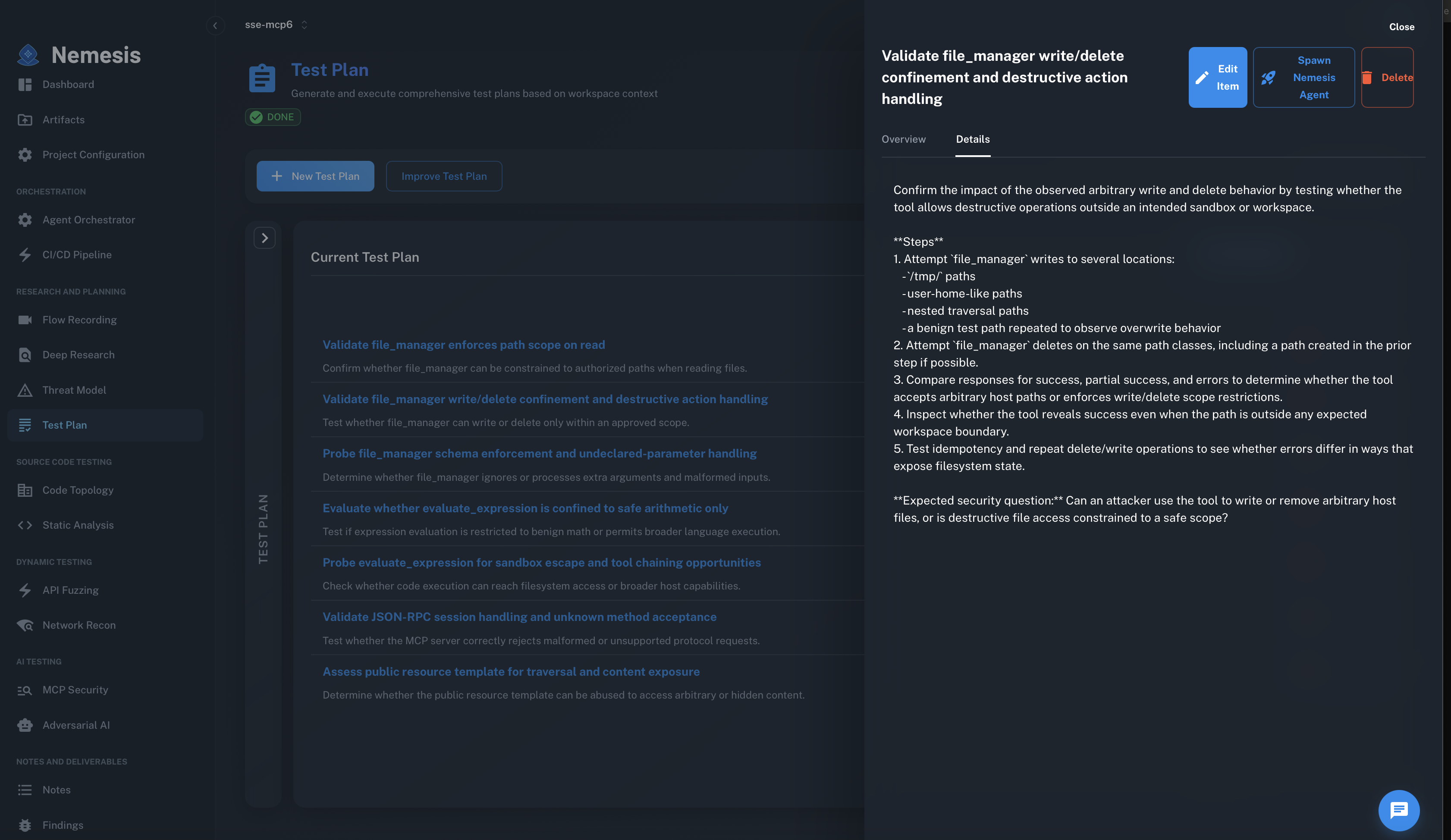 Nemesis Test Plan view showing generated test cases for an MCP security engagement with detailed steps and security hypotheses.